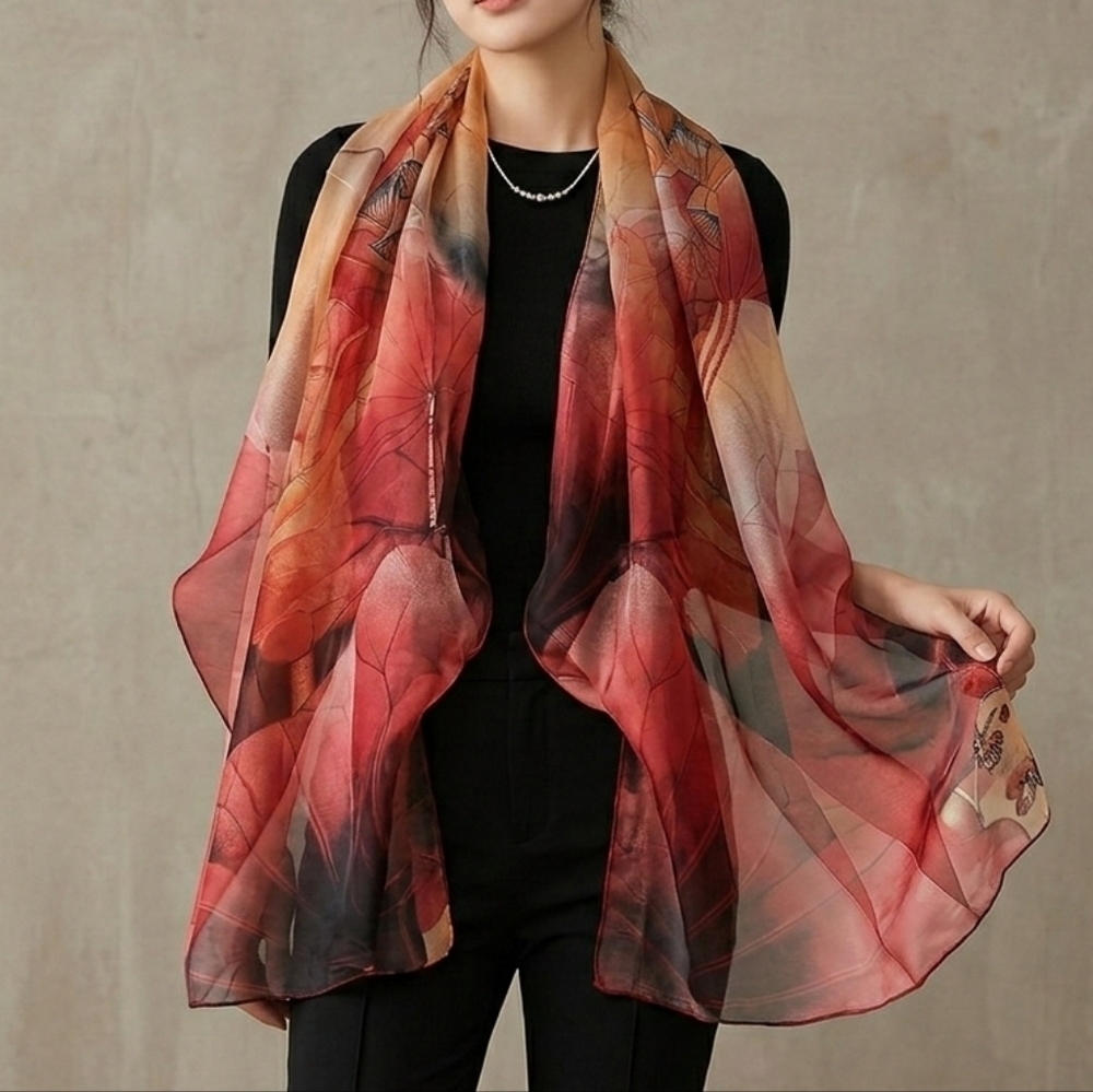 NWT Sheer Lotus Floral Scarf Shawl Wrap - Red & Tan 63" × 20"